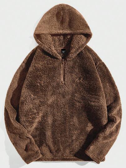 EASEVO Plus Size Men's Casual Thermal Lined Hoodie Sweatshirt, Autumn/Winter Brown Hoodie Teddy Hoodie Brown Sweatshirt Fleece Hoodie Half Zip Hoodie