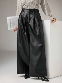 Heiryn Women's Solid Color Pleated Loose Wide Leg Casual Pants Autumn Winter - Black - View 1