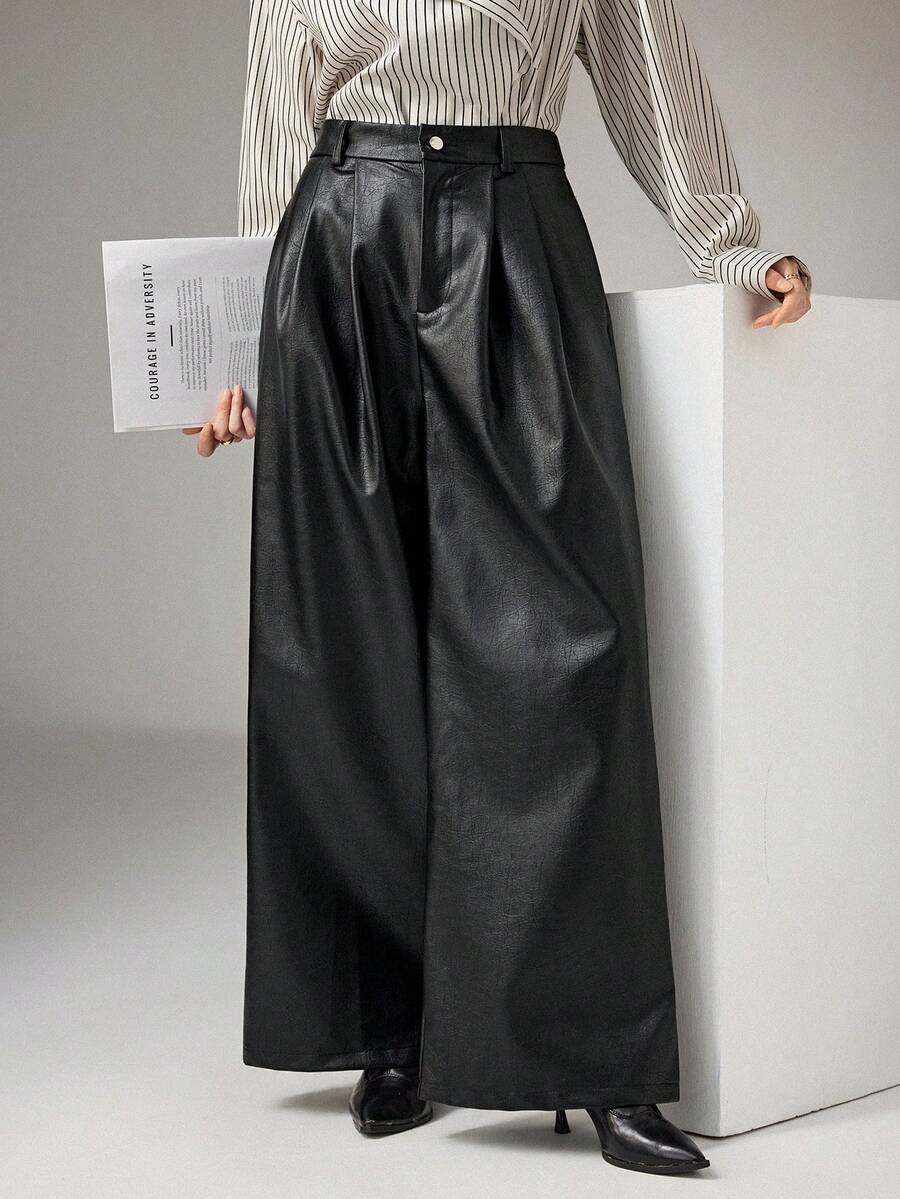 Heiryn Women's Solid Color Pleated Loose Wide Leg Casual Pants Autumn Winter - Black - View 1