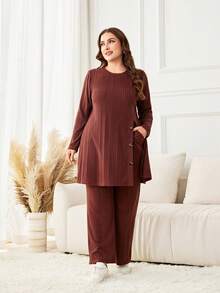 Lacomfia Brown Striped Knit 2-Piece Set Women, Round Neck Long Sleeve Button Decor Mid-Length Top + Wide Leg Pants Casual Plus Size - Brown - View 3