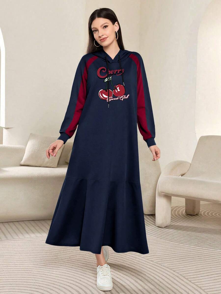 Modelyn Cherry Letter Print Fashion Raglan Sleeve Hooded Long Dress For Women, Spring/Autumn - Multicolor - View 1