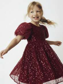 Maija Kids Young Girl Classic Fashion Versatile Party & Casual Elegant Minimalist Sequin Round Neck Petal Sleeve Design Shiny Sophisticated Graceful Dress, Suitable For Christmas - Rose Red - View 1