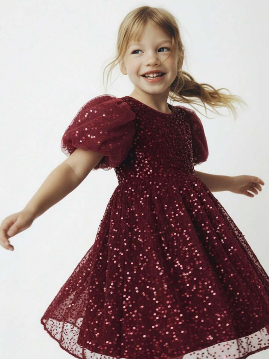 Maija Kids Young Girl Classic Fashion Versatile Party & Casual Elegant Minimalist Sequin Round Neck Petal Sleeve Design Shiny Sophisticated Graceful Dress, Suitable For Christmas - Rose Red - View 1