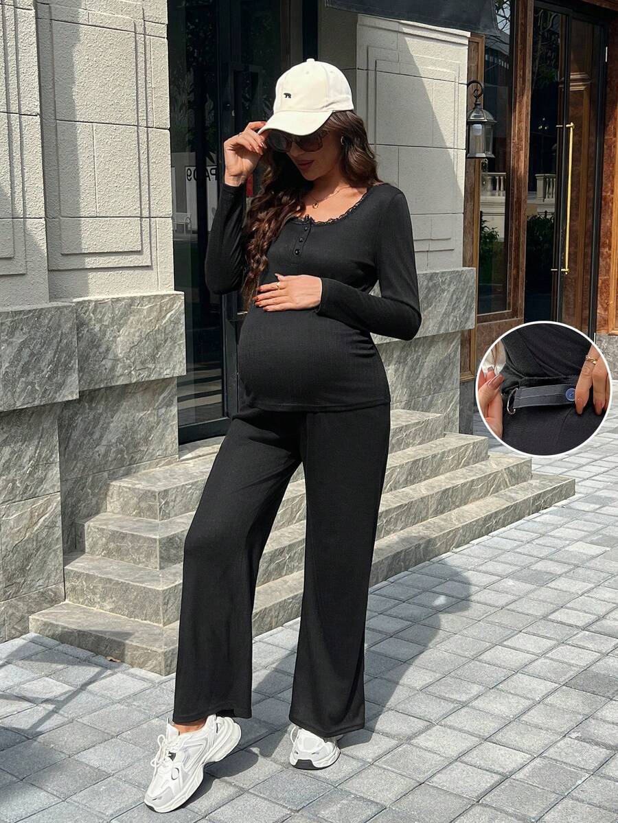 SHEIN 两件套孕妇纯色圆领蕾丝拼接长袖上衣和裤子休闲针织套装 - 黑色 - 查看 1