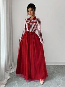 Elenzga Váy chữ A dài tay vải lưới tương phản lãng mạn thanh lịch có cổ áo sơ mi - Đỏ - Xem 3