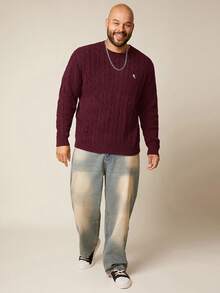 EASEVO 加大码男士休闲绞花针织圆领长袖毛衣