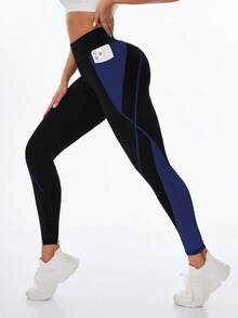 Exploreva Quần legging cạp cao liền mạch họa tiết chắp vá màu tương phản - Nhiều màu - Xem 6