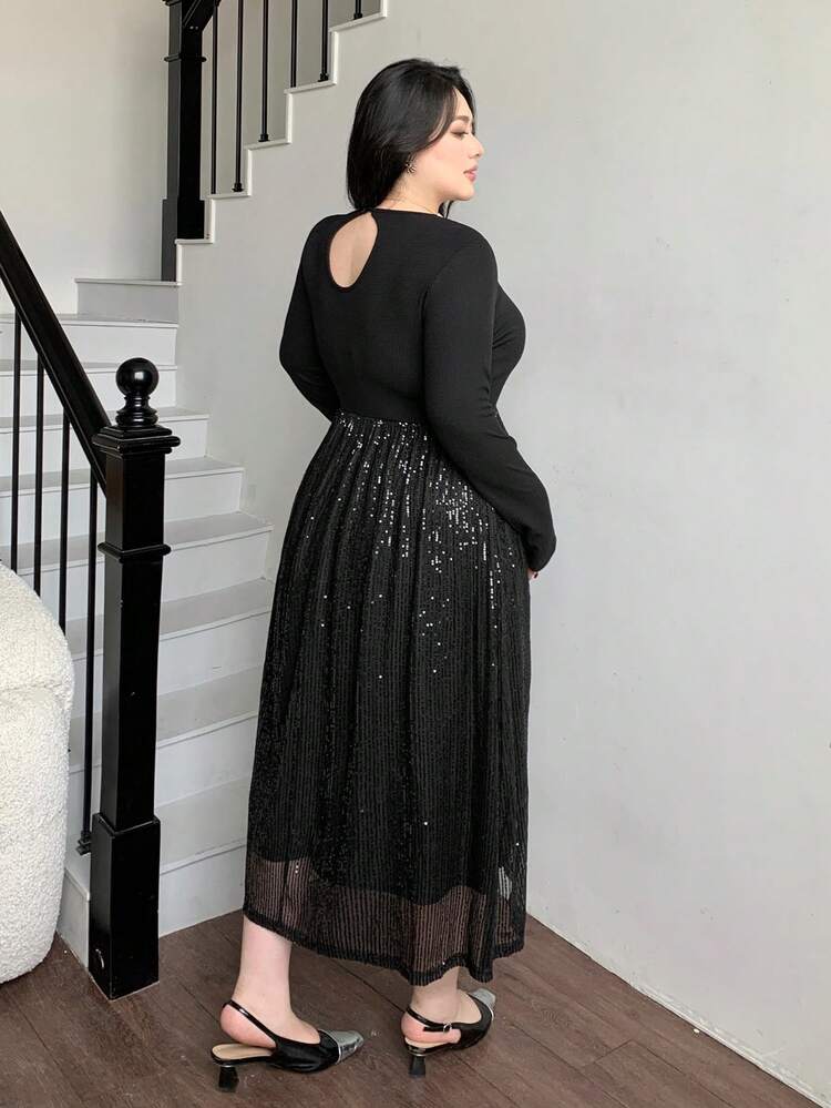 Dazy Plus Plus Size Rhinestone Decor Collar Splice Mesh Sequin Backless Sexy Party Dress, Suitable For Spring And Autumn Carnival Sparkly Dress