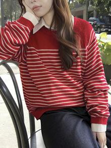 DAZY 女士宽松条纹拼接撞色休闲毛衣，红色 - 紅色 - 查看 1