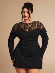 SHEIN BAE Plus Size Women's Elegant Ruched Waist Lace Patchwork Long Sleeve Bodycon Dress,Black,Autumn,Formal,Evening,Night Out Club,High Neck Mini Party - Black - View 5