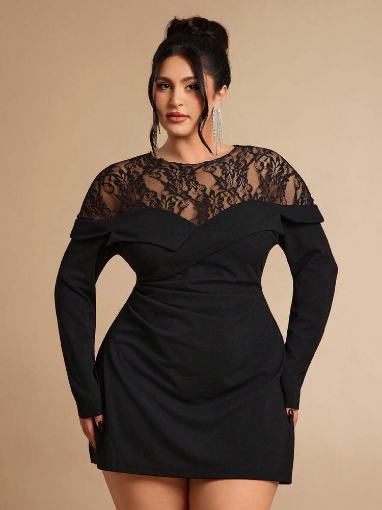 black lace bodycon dress plus size INAWLY Plus Size Sexy Sheer Elastic Black Lace Bodycon Dress,  Party/Clubwear, Spring/Summer