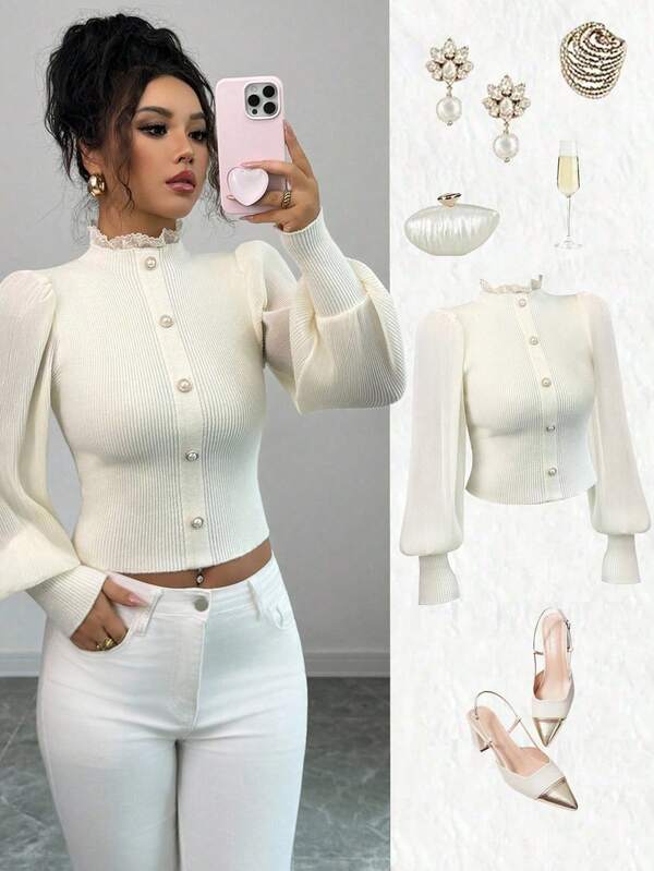 Elenzga Vintage Palace Style Elegant Lantern Sleeve Cream Chiffon Patchwork High Collar Beige Pearl Button Pullover Sweater, Autumn/Winter