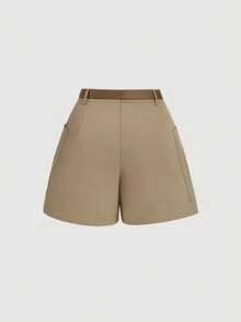SHEIN MOD Plus Size Elegant Khaki Shorts With Front Strap And Belt, Autumn And Winter Shorts, Going Out Shorts, Retro Shorts, Festival Shorts - Khaki - View 2