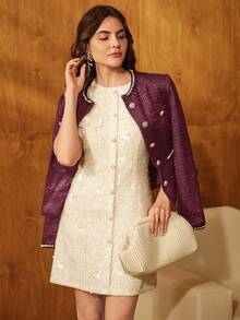 Anewsta Women's Vintage Round Neck Tweed Sequin Tassel Pearl Knit Elegant Metal Button Waist Long Sleeve Short Christmas Jacket - Burgundy - View 6