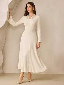 Modelyn Women's Ribbed Brushed Knit V-Neck Long Sleeve Elegant Lace Trim Waist Slimming Maxi Dress, High-Quality Graceful Style For Dates, Autumn/Winter - Apricot - View 8