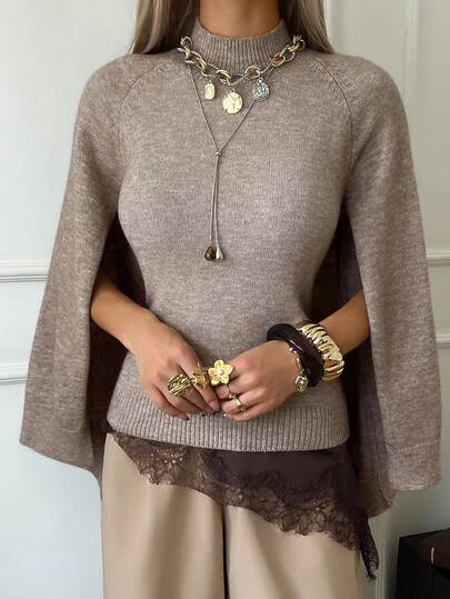 DAZY Women's Loose Fit Poncho Style Crew Neck Sweater, Casual Urban