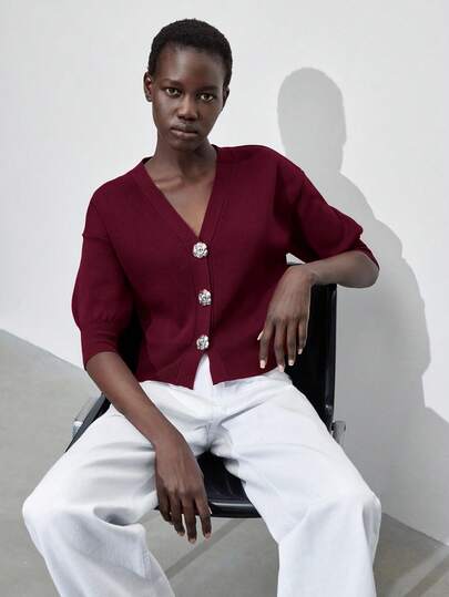 Maija Dames V-hals lantaarnmouw metalen knoopdecoratie gebreide cardigan, stedelijke woon-werkverkeer zakelijke casual elegante voor Kerstmis, nieuwjaarsfeest