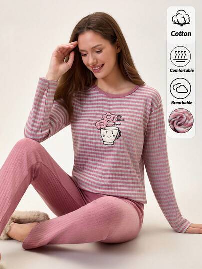 Loomlin 2 pezzi Set pigiama da donna in maglia a costine, con dettagli ricamati di cartoni animati, comodo abbigliamento da casa