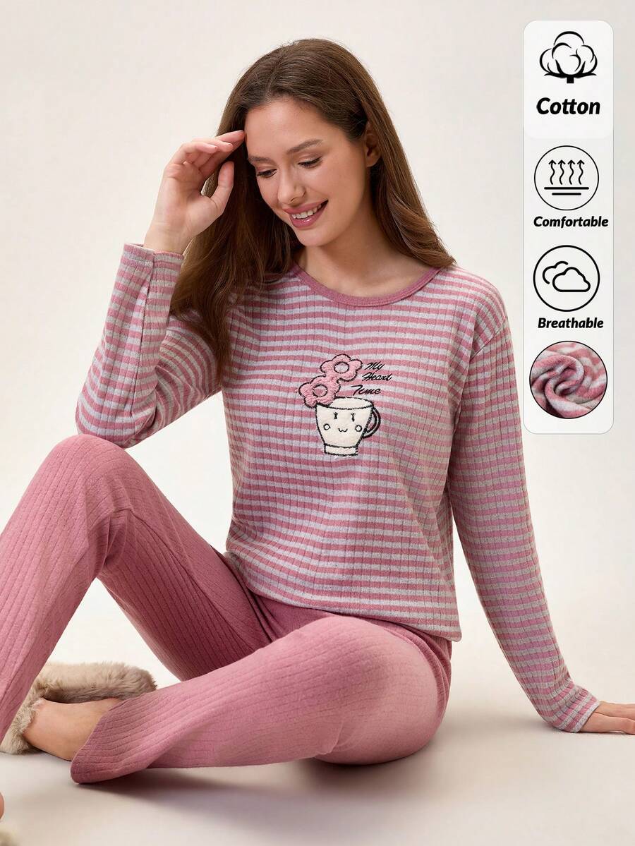Loomlin Damen 2er Set Rippstrick süße Cartoon Stickerei Detail Hauskleidung Komfort Pyjama Set Pyjama Sets für Damen Pyjama Sets für Damen Langarm süße Nachtwäsche Damen Kaffee Pyjamas Damen gestreifte Pyjamas - Altrosa - Übersicht 1