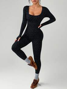 SHEIN Dewbera Women's Seamless Leopard Print Long Sleeve Jumpsuit - Multicolor - View 7
