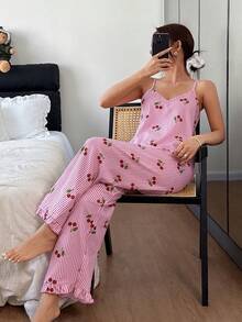 SHEIN Pink Striped Cherry Print Camisole And Pants Women Pajama Set - Pink - View 6