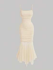 SHEIN MOD 杏色浪漫褶皱不对称下摆女士优雅连衣裙，派对礼服，舞会礼服，初秋服装，复古风格单身派对礼服，晚礼服，邮轮女士服装，返校节礼服，美人鱼连衣裙，中长褶皱连衣裙