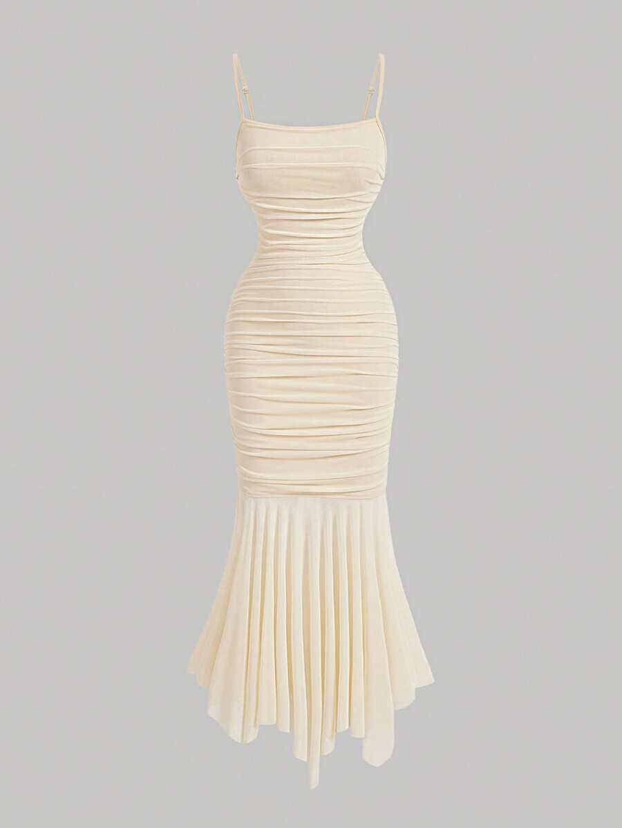 SHEIN MOD 杏色浪漫褶皱不对称下摆女士优雅连衣裙，派对礼服，舞会礼服，初秋服装，复古风格单身派对礼服，晚礼服，邮轮女士服装，返校节礼服，美人鱼连衣裙，中长褶皱连衣裙