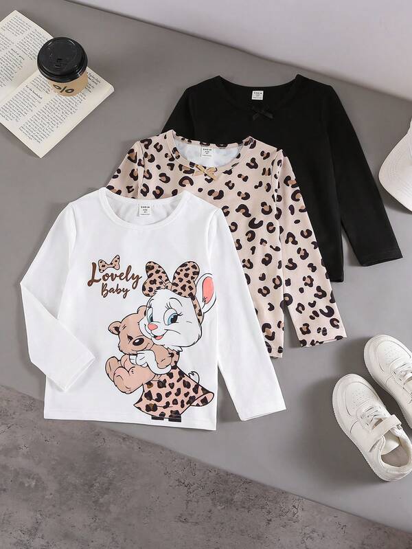 SHEIN Elladie kids 3pcs/Set Toddler Girls' Fashionable Leopard Print Long Sleeve T-Shirt, Casual Outfit Suitable For Daily Wear, Can Be Paired With Skinny Jeans, Shorts, Or Skirts