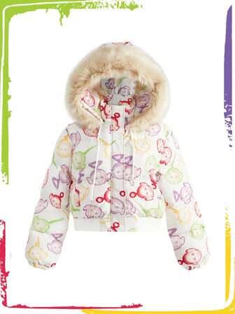 Teletubbies X ROMWE Cappotto imbottito da donna con cappuccio, con inserti in ecopelliccia, per l'autunno/inverno, caldo