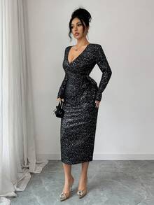 Elenzga Autumn/Winter New French Chic Elegant Knit Glitter Design Cross Collar Tie Waist Fitted Midi Dress, Versatile Cocktail Party Wear, Black - Multicolor - View 3