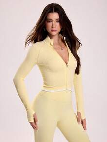 Sovereign Charm Women's Textured Raglan Sleeve Zip Front Fitted Sports Jacket - Pale Yellow - View 1