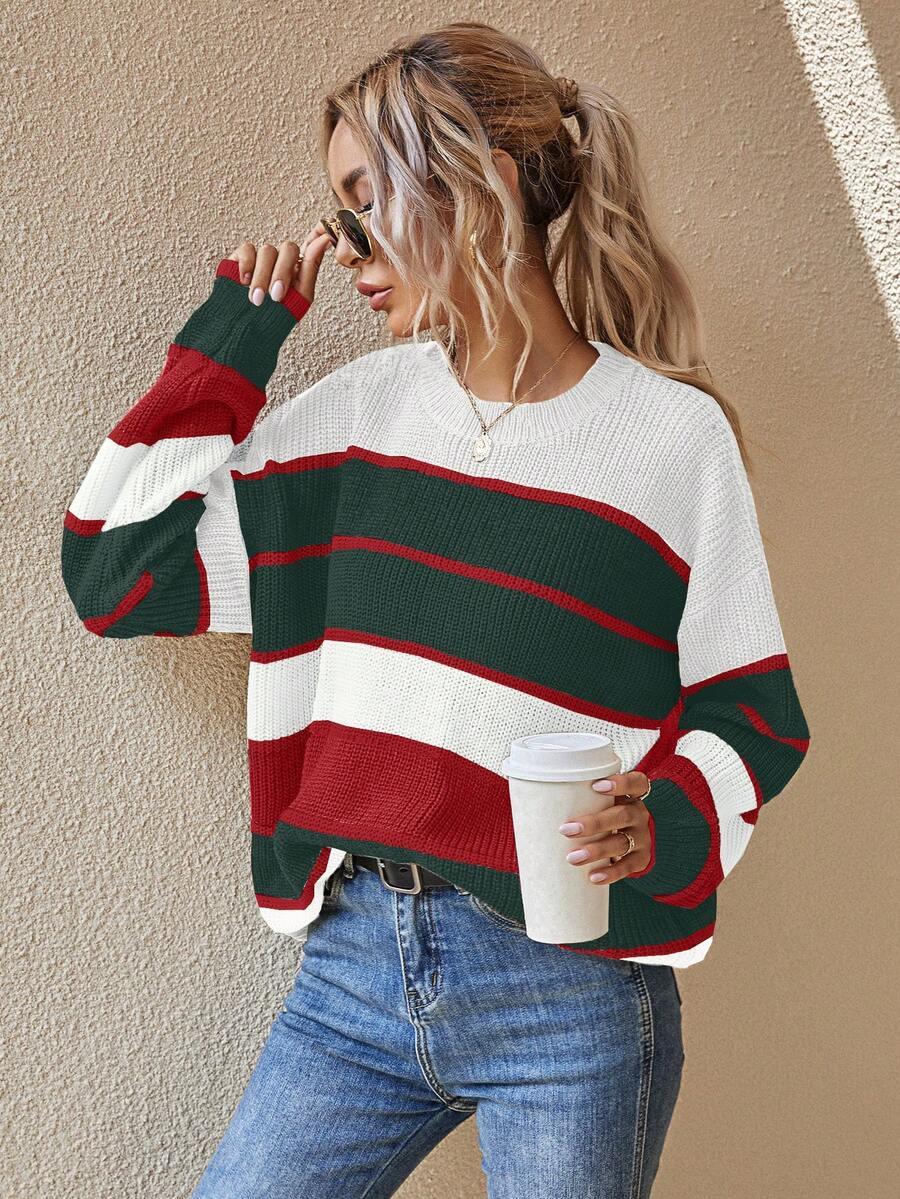 SHEIN LUNE Women's Latest Fashion Comfortable Christmas Color Block Pullover Sweater - Multicolor - View 1