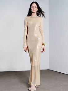 Lumivelle 女士性感优雅时尚假日派对约会杏色U领露背亮片修身长袖连衣裙，秋冬款 - 杏色 - 查看 3