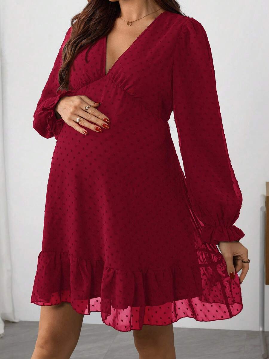 SHEIN 孕妇纯色简约V领长袖休闲连衣裙 - 酒紅色 - 查看 1