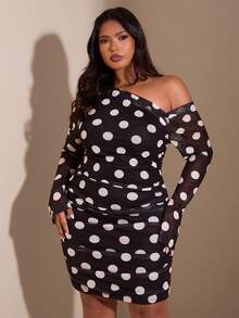 SHEIN BAE Plus Size Ruched Polka Dot Asymmetric Shoulder Long Sleeve Bodycon Dress,Winter Outfit For Women,Dress  For Ladies Summer,New Year's Eve Dress,Elegant Dresses For Party,Casual Dresses For Women,Women's Social Dress,Formal Dress,Plus Size,Litz And Glamour Outfit For Women,Wedding Guest Dress Women,Cocktail Dress,Dresses For Ladies Summer,Birthday Party Dress,Black  Dress - Black - View 4