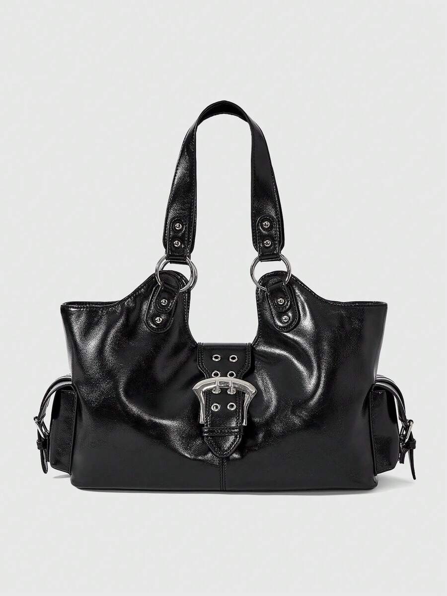 ROMWE Grunge Punk Adjustable Buckle Strap Fashion Versatile Commuter Shoulder Bag For Ladies - Black - View 1