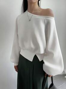 DAZY Sudadera corta ajustada con hombros oblicuos para mujer - Blanco - Ver 6