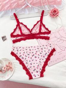 1 Set Delicate Lace Patchwork Comfortable Bra And Panty, 2pcs