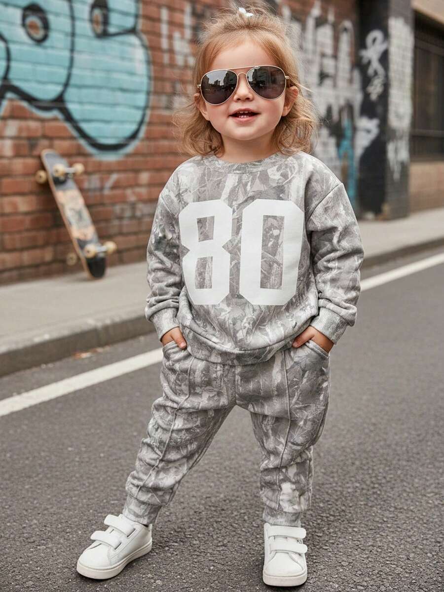 SHEIN 2pcs Baby Girl Cute Grey Printed Long Sleeve Sweatshirt And Elastic Waist Pants Set, Autumn/Winter - Multicolor - View 1