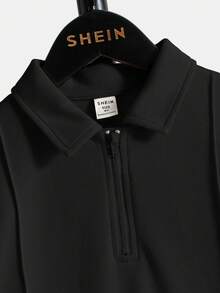 SHEIN 男童休闲纯色半拉链 Polo 衫 - 黑色 - 查看 4