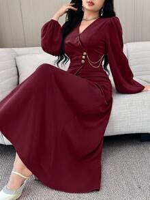 Modelyn 女士纯色简约V领长袖连衣裙，休闲日常穿着 - 酒紅色 - 查看 5
