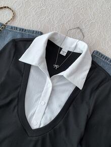 SHEIN Teen Girl Casual Daily Fashion Street Style Turndown Collar Black & White Contrast Bodysuit - Black and White - View 3