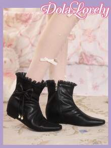 Dola Lovely Giày bốt cổ ngắn mũi vuông đính nơ thời trang hàng ngày đa năng cho nữ - màu đen - Xem 3
