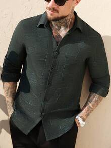 Manfinity Homme 男士纯色刺绣线条图案休闲长袖衬衫 - 墨綠色 - 查看 3