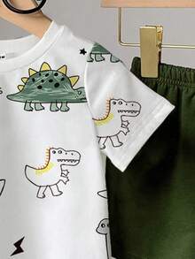 SHEIN Playful Pals 2件套男婴/中性婴幼儿0-3岁可爱恐龙印花圆领T恤和舒适针织印花短裤套装，适合春夏、休闲、户外、基础款、运动装，时尚简约。 - 彩色 - 查看 4