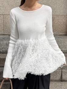 FRIFUL 女士纯白色圆领长袖喇叭袖口毛绒修身毛衣，秋冬款 - 米色 - 查看 3