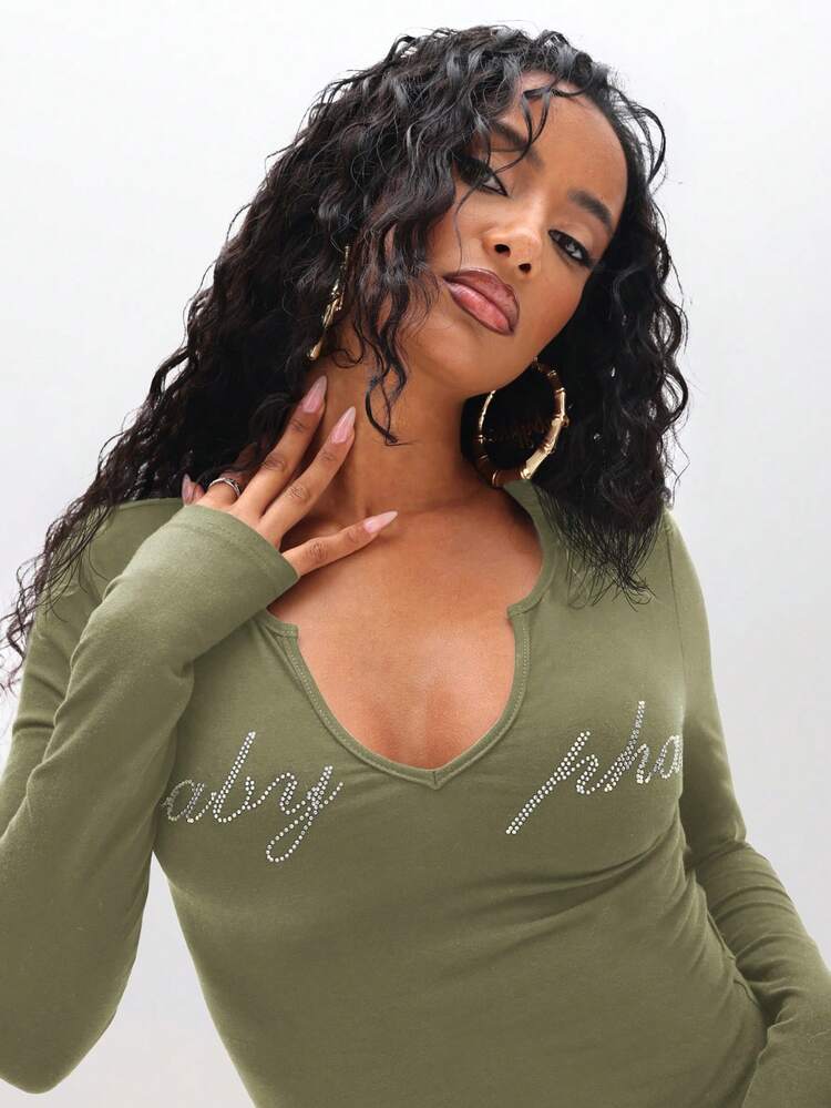 BABYPHAT Long Sleeve Deep V Neck Rhinestone Embellished Top With Notch Neckline For Fall Winter Casual Everyday Wear