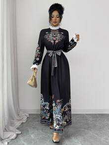 Franclia Robe femme à patchwork de dentelle florale avec ceinture de taille - Noir - Voir 7