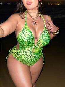 Swim SXY Đồ bơi một mảnh họa tiết da báo cỡ lớn dành cho nữ có phần trên hình tam giác và dây rút ở eo, thích hợp cho bãi biển và kỳ nghỉ - màu xanh lá - Xem 1