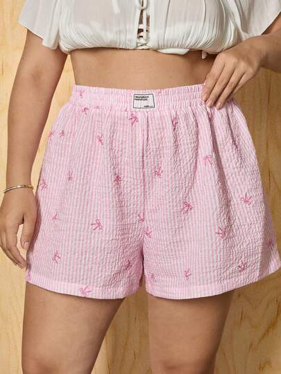 SHEIN MOD 大码女式条纹蝴蝶结印花高腰休闲短裤、沙滩短裤、粉色短裤、夏季短裤、夏季下装、舒适短裤平角短裤女式夏季短裤